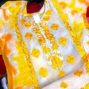 Yellow and white shalwar Kameez
